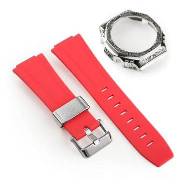 Imagem de ANZOAT Capa de relógio de aço inoxidável esculpida com pulseira de borracha de terceira geração para GA2100 retrofit e upgrade DIY (prata vermelha)