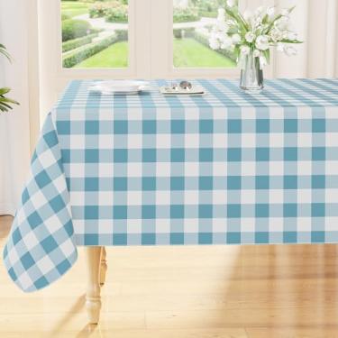 Imagem de Smiry Toalha de mesa retangular, toalha de mesa de vinil impermeável com forro de flanela, capa de mesa xadrez de búfalo limpa para jantar, interior e exterior (água-marinha e branca, 152 x 259 cm)