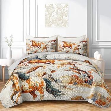 Imagem de AILONEN Jogo de cama solteiro de cavalo galopante, marrom ocidental, colcha rústica com cavalo de fazenda, para meninos e meninas, adultos, com 2 fronhas, 3 peças, temática de vida selvagem, capa de