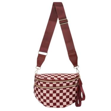 Imagem de TRMFUSA Bolsa tiracolo quadriculada para mulheres, grande, de nylon, pochete com alça de ombro ajustável, Xadrez vermelho e rosa