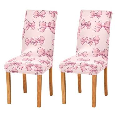 Imagem de SEHANY Conjunto de 4 capas de cadeira com laço de bolinhas rosa para sala de jantar, elástico, removível e lavável, para cozinha, hotel, festa, Natal
