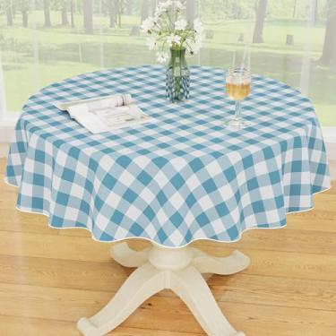 Imagem de Smiry Toalha de mesa redonda de plástico, toalha de mesa de vinil impermeável com forro de flanela, capa de mesa xadrez de búfalo limpa para jantar, interior e exterior (água-marinha e branca, redonda