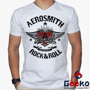 Imagem de Camiseta Aerosmith 100% Algodão Rock & Roll Geeko, Branco gola v, GG