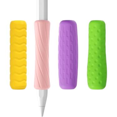 Imagem de ELETIUO Pacote com 4 cabos de silicone compatíveis com Apple Pencil Pro/USB-C/2ª geração, capas ergonômicas antiderrapantes com 4 texturas para escrever e desenhar, capa protetora (roxo/verde/rosa