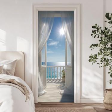 Imagem de arricraft 2 adesivos autoadesivos para porta, 80 cm x 199 cm, vista do mar, da varanda, céu azul e nuvens brancas, adesivos de parede de PVC removível para quarto, sala de estar