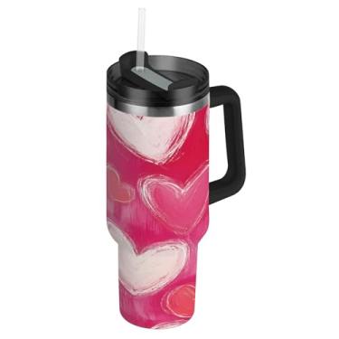 Imagem de ATTX Copo de coração de 1,134 g com alça, copo de aço inoxidável a vácuo de parede dupla com palha, caneca de café de viagem isolada #356