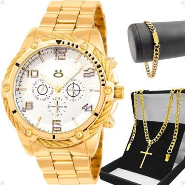 Imagem de Kit Relógio Masculino Analógico Dourado Aço Inox com Corrente Grumet P