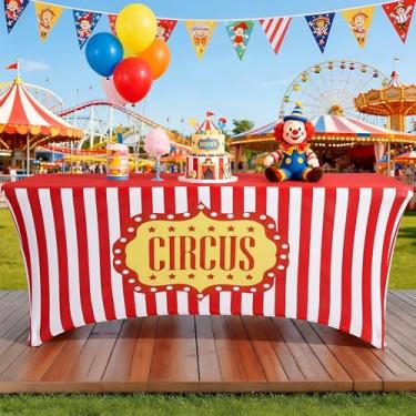 Imagem de Moukeren Toalha de mesa de carnaval de 1,8 m com elastano elástico, toalha de mesa listrada vermelha e branca de elastano, decoração de mesa de festa de circo de carnaval para mesas dobráveis padrão