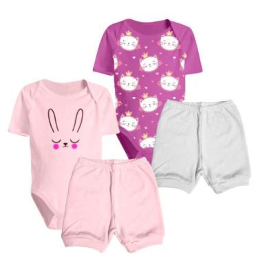 Imagem de Kit Roupa de Bebê Algodão 2 Body Manga Curta e 2 Shorts Liso - Koala B