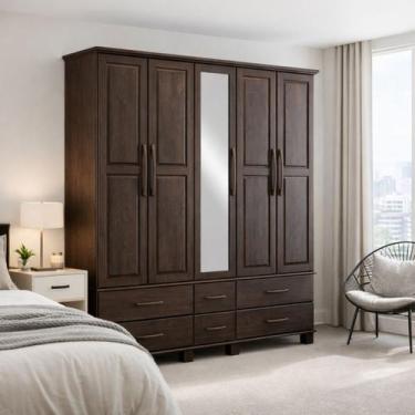 Imagem de Guarda Roupa Madeira Maciça Bipartido c/ Espelho 5 Portas - LaCasaMia,