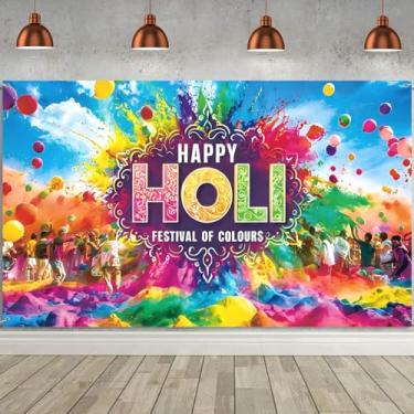 Imagem de Pano de fundo Happy Holi, faixa de fundo com estampa de grafite em pó colorido indiano hindu para decoração de festival indiano, adereços de estúdio de cabine fotográfica, 70,8 x 43,7 cm