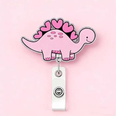 Imagem de Carretel de crachá de identificação fofo com clipe de garra de 360° para porta-cartões de identificação, porta-chaves retrátil de dinossauro com glitter de coração LINMEIZAI e decorações de primavera