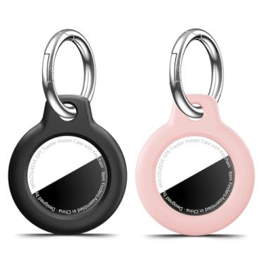 Imagem de MOLOSLEEVE [Pacote com 2] Capa com suporte para AirTag, porta-chaves antiarranhões à prova de choque para AirTags, acessórios para rastreadores de itens GPS, capas para bolsas, preto + rosa
