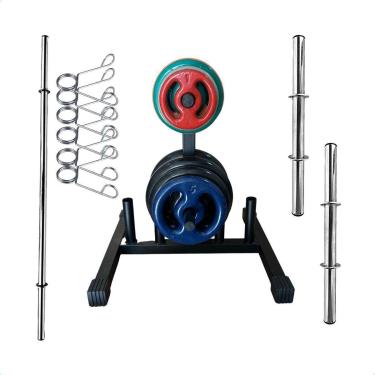 Imagem de Kit Musculação com Suporte + 100 Kg de Anilhas Emborrachadas com Barras-Unissex