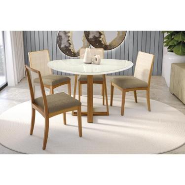 Imagem de Sala Jantar Mesa Elma Premium Madeira Maciça c/ Tampo Madeirado c/ Vidro 135x105cm e 4 Cadeiras Lara Carvalho/Off White - Boucle Bege Fendi-Kappesberg