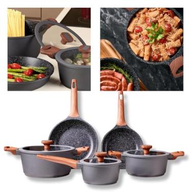 Imagem de Jogo de Panelas Antiaderente 5 Peças MTA Titanium | Alumínio Injetado 5mm | Revestimento Cerâmico Premium | Compatível com Indução | Cabos Egonômicos Soft-Touch e Tampas de Vidro | Cozinha Completa