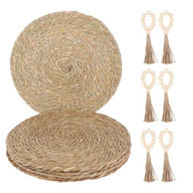 Imagem de Jogo americano redondo de serapilheira com contas de madeira, conjunto com 6, jogo americano de juta resistente ao calor, anéis de madeira boho para pratos e mesa de jantar de casamento