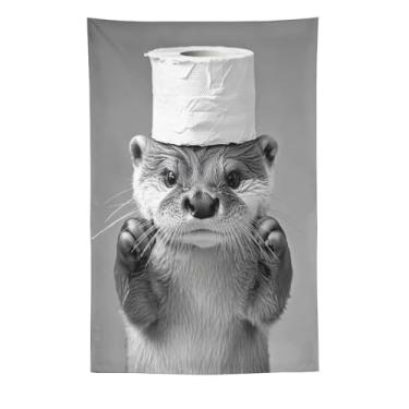 Imagem de Tapeçaria de chapéu de papel higiênico lontra impressão artística preta branca para quarto sala de estar dormitório decoração de casa com adorável design de animal aquático Tapeçaria 152 x 239 cm