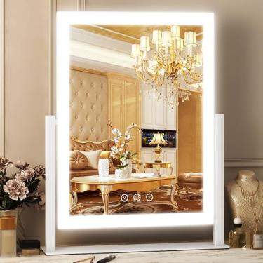 Imagem de FENNIO Espelho de maquiagem com luzes – Espelho de maquiagem iluminado de 43 cm x 33 cm, espelho de maquiagem com luzes, tela sensível ao toque com iluminação em 3 cores, regulável, espelho de mesa