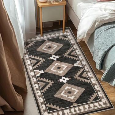 Imagem de Tijuboni Tapetes ocidentais para sala de estar quarto antiderrapantes, tapetes de área do sudoeste para sala de jantar cozinha berçário, suporte de borracha lavável, 3x5 asteca preto-branco-marrom