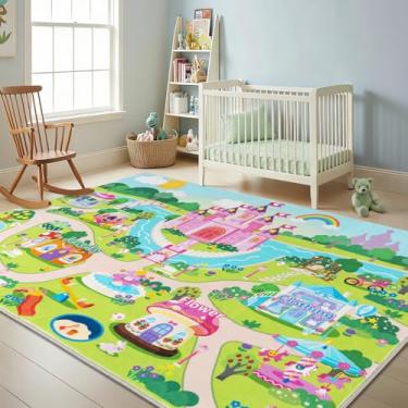 Imagem de Tapete infantil Green Castle, tapete educativo infantil, 1,2 x 1,5 m ultramacio, tapete antiderrapante para engatinhar, tapete lavável na máquina para berçário, sala de jogos, quarto