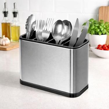 Imagem de Escorredor Porta Talheres em Aço Inoxidável, Retangular com 4 Divisões, Sistema de Drenagem, Detalhes em Plástico PP