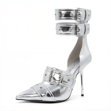 Imagem de GPXGPX Sandália feminina com bico fino e tira no tornozelo, salto alto, fivela de metal, sapatos modernos, elegantes, Prata, 37
