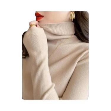 Imagem de Suéter Feminino Slim Fit De Cor Sólida Com Gola Alta, Manga Longa, Cas