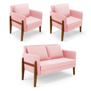 Imagem de Kit 1 Sofá Namoradeira E 2 Poltronas Lana Suede Base De Madeira - D'rossi Cor Rosa Bebê