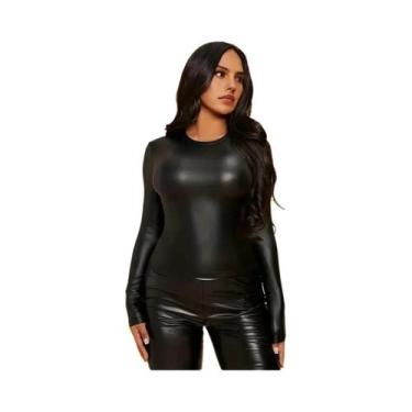 Imagem de Primavera e outono feminino couro PU fino ajuste camiseta em torno do 