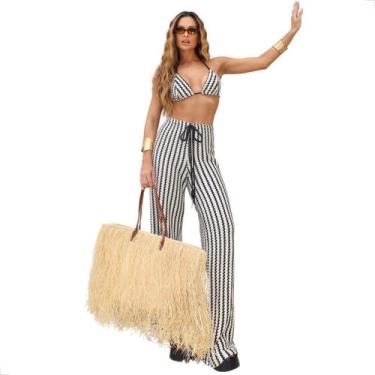 Imagem de Conjunto em Malha Tricot Listrado Moda Praia Primavera Verão Cor:Listr