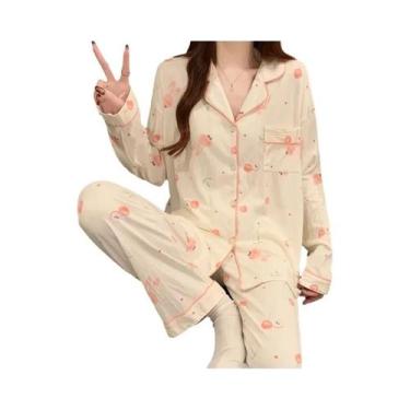 Imagem de Conjunto De Pijama Feminino Rosa Com Laço, Top De Manga Comprida, Calç