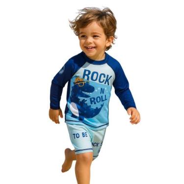 Imagem de Kit Praia Infantil Dino Azul Menino Manga Longa UV Proteção - - anjo d