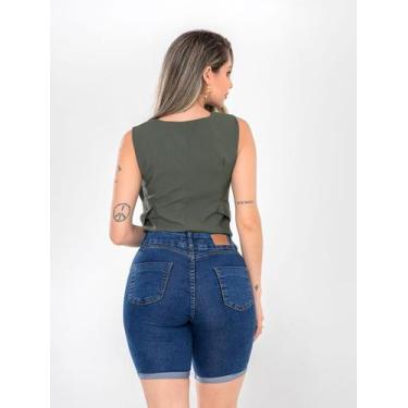 Imagem de Short jeans feminino meia coxa com lycra cintura alta barra dobrada mo