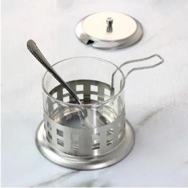 Imagem de Açucareiro Prata Inox Vidro  Organizador Completo com Colher Tampa Rem