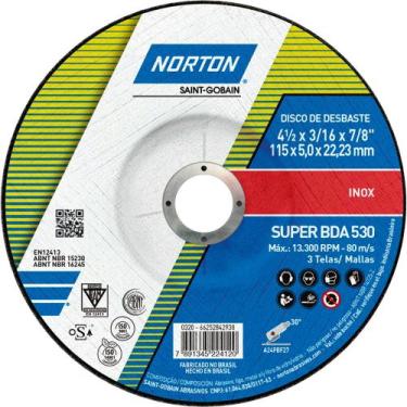 Imagem de Disco De Desbaste Norton Super Inox 115 Mm Tipo 27 Diâmetro Furo 22 Mm