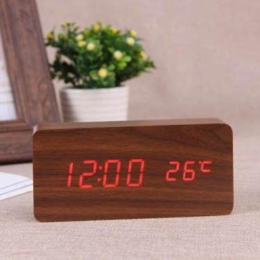 Imagem de Relogio Despertador Mesa Digital Madeira Com Sound Control Cor:Mogno -
