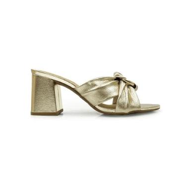 Imagem de Tamanco Feminino Bottero Couro Salto Bloco Conforto 373702, Dourado, 3
