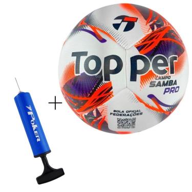 Imagem de Kit Bola de Futebol Campo Samba Velocity Pro 2026 com Tecnologia Thermofusion Laranja e Azul Topper com Bomba Poker