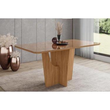 Imagem de Mesa p/ Cozinha Vértice SC35 c/ Tampo Madeirado c/ Vidro Curvo 160x90c