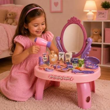 Imagem de Penteadeira com Espelho Infantil 30 Peças - Rosa - IMPORTUDO