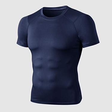 Imagem de Camiseta esportiva masculina de secagem rápida elástico fino tops manga curta corrida academia fitness(Large)(Azul escuro)