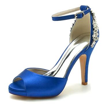 Imagem de Sapatos de noiva stiletto sapatos femininos de cetim salto alto marfim peep toe sapatos com strass 36-42,Blue,8 UK/41 EU