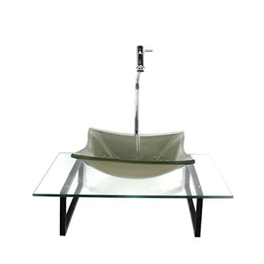 Imagem de KIT CUBA DE VIDRO QUADRADA CHAMPANHE COM TAMPO 60CM INCOLOR E SUPORTE PRETO