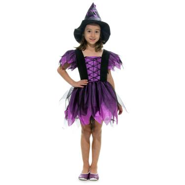 Imagem de Fantasia Bruxa Encantada Roxa Luxo Vestido Infantil com Chapéu - Halloween
 G