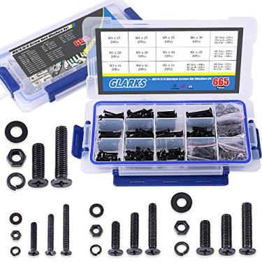 Imagem de Glarks 665 peças de arruelas para máquina de cabeça plana de liga de aço, parafusos, porcas e juntas planas, conjunto de arruelas para mola, totalmente roscado, acabamento em óxido preto