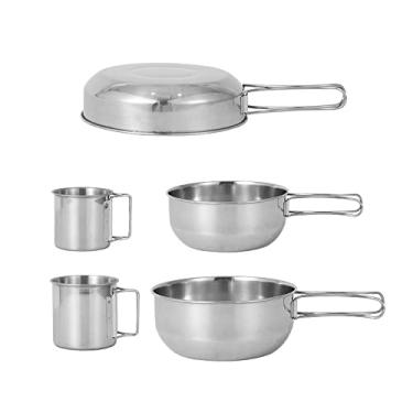 Imagem de 5 pçs conjunto de panelas de acampamento kit de panelas de piquenique portátil ao ar livre talheres de viagem de aço inoxidável acessório de cozinha tigela copos conjunto de panelas