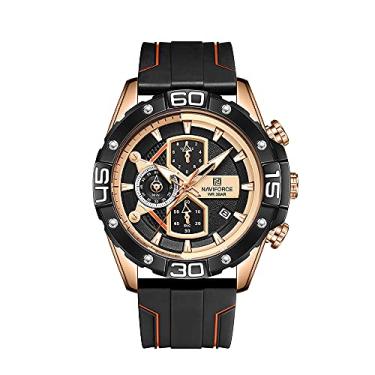 Imagem de NAVIFORCE Relógio masculino elegante com pulseira de silicone de luxo, cronógrafo de quartzo, impermeável, esportivo, negócios, multifuncional, relógio de pulso, Ouro rosa + preto + laranja, M,
