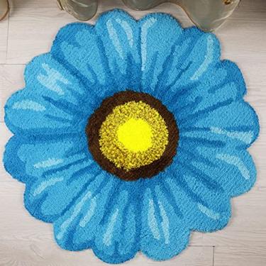Imagem de Braiton Tapete de porta de girassol tapete em forma de flor tapete antiderrapante tecido à mão flor redonda tapete de chão tapetes de área modernos para cozinha sala de estar decoração de casa, azul, 50cm