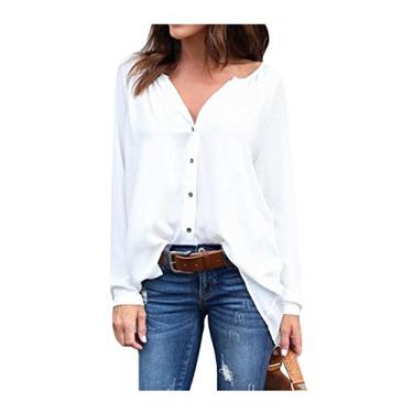 Imagem de Bestgift feminino blusa tamanho plus com decote em V manga comprida camisa com botões brancos G
